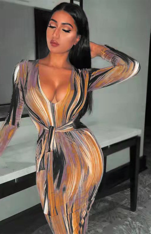 Sexy Printed Long-Sleeved V-Neck Dress