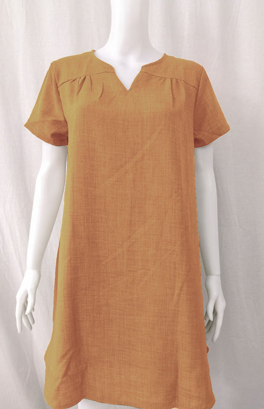 V-Neck Rolled Short Sleeve Gathered Curved Linen Dress