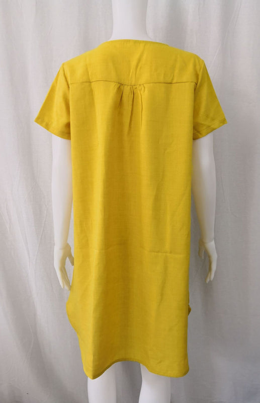 V-Neck Rolled Short Sleeve Gathered Curved Linen Dress