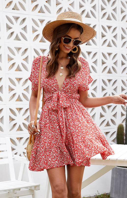 Women's Sexy Deep V Ruffle Floral Spring Dress