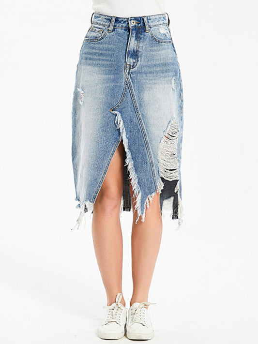 Women's Irregular fringed ripped butt-lifting denim midi skirt