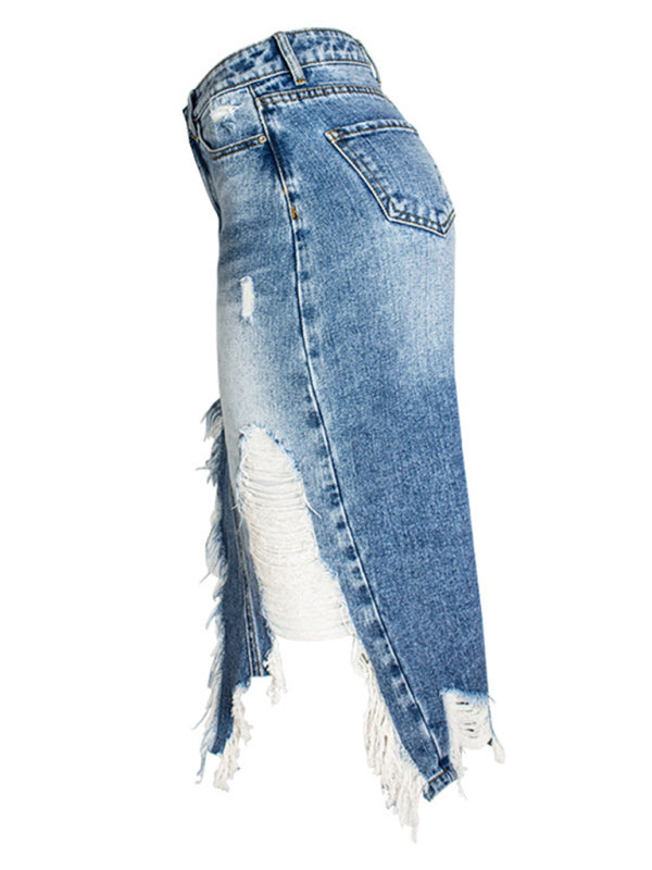 Women's Irregular fringed ripped butt-lifting denim midi skirt