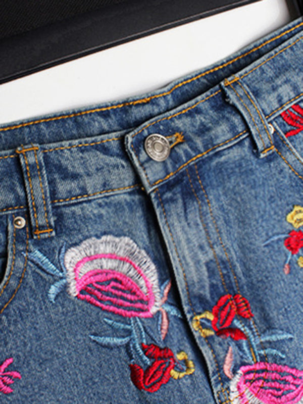 Women's Floral Embroidered High Waist Washed Denim Mid Skirt