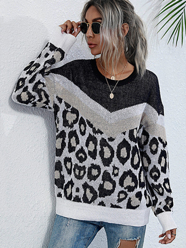 women's loose European and American mid-length round neck knitted sweater