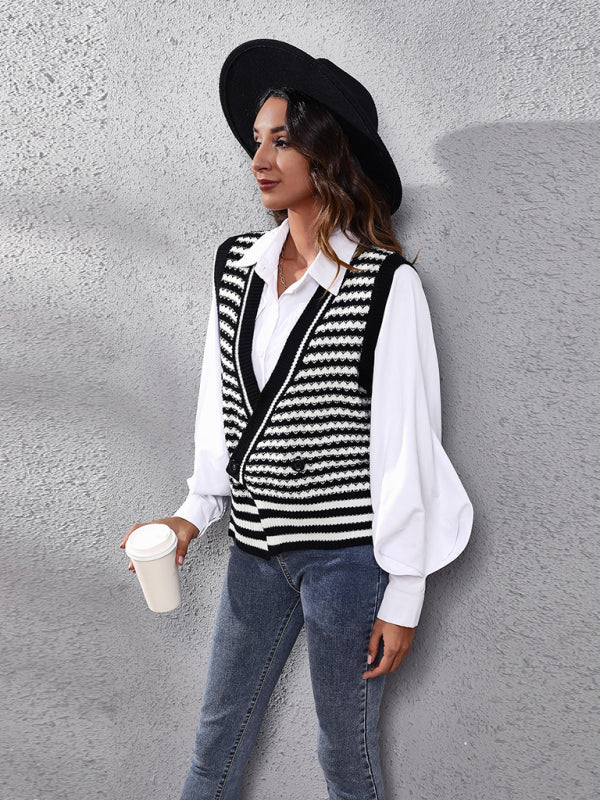 Women's stripe knitted Cardigan Sweater Vest