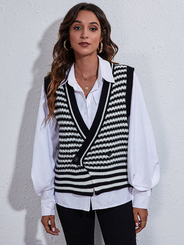 Women's stripe knitted Cardigan Sweater Vest