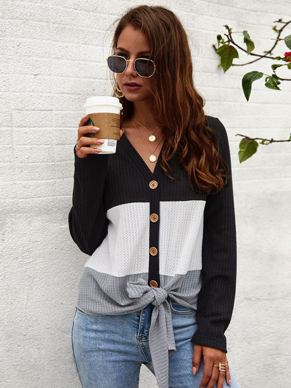 Women's Casual Long Sleeve Knit V-Neck Panel Top