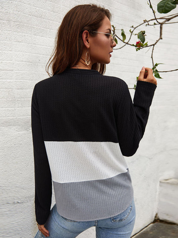 Women's Casual Long Sleeve Knit V-Neck Panel Top