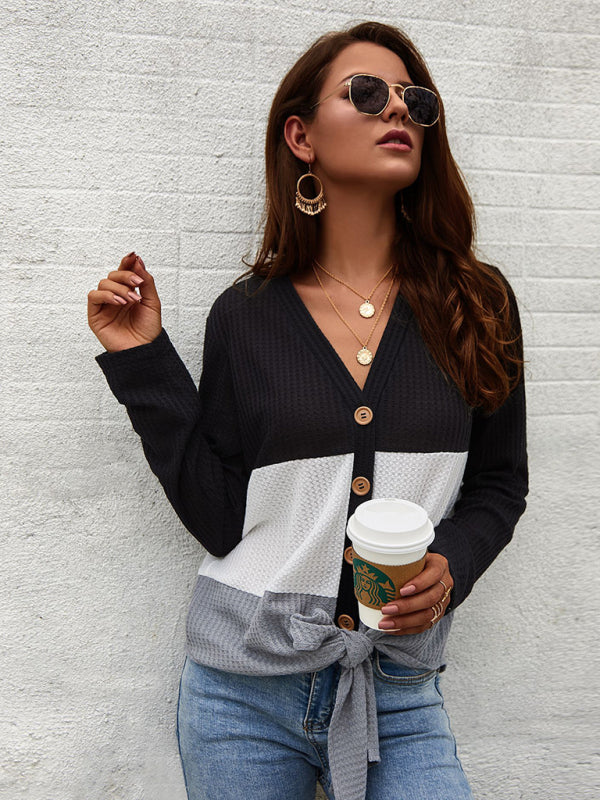 Women's Casual Long Sleeve Knit V-Neck Panel Top