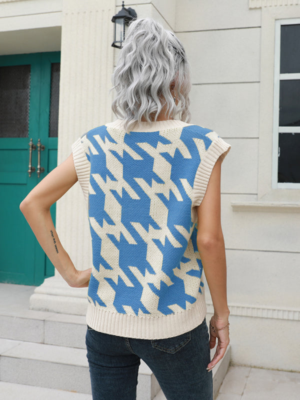 Women's thousand bird check V-neck vest sweater