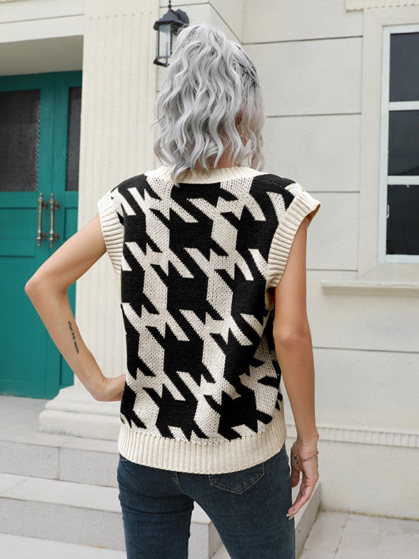 Women's thousand bird check V-neck vest sweater