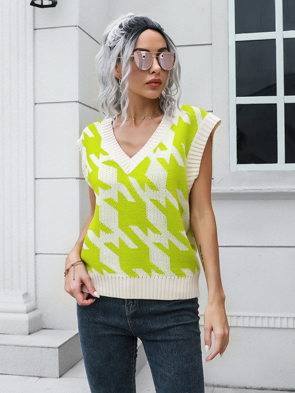 Women's thousand bird check V-neck vest sweater