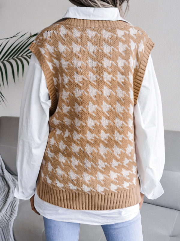 Women's V-neck thousand bird lattice casual loose knit vest sweater