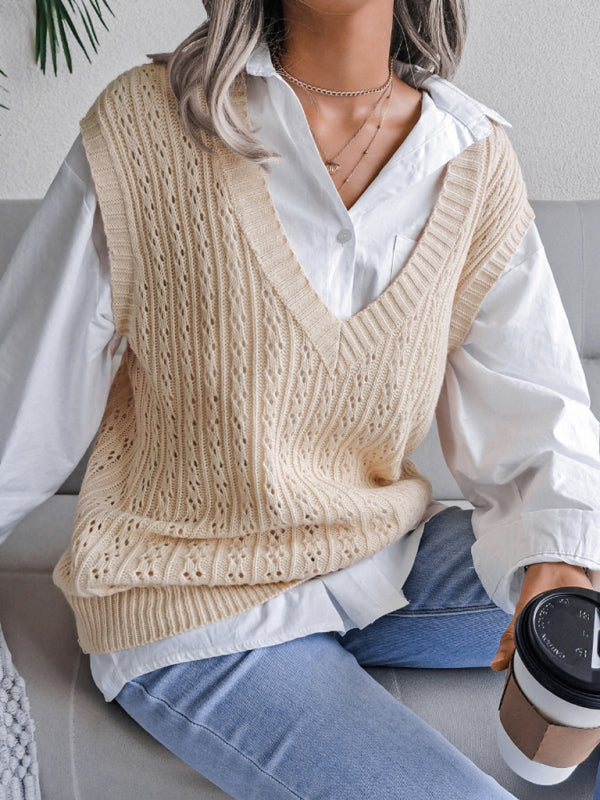 Women's V-neck hollow out fried dough twist casual knitting vest sweater