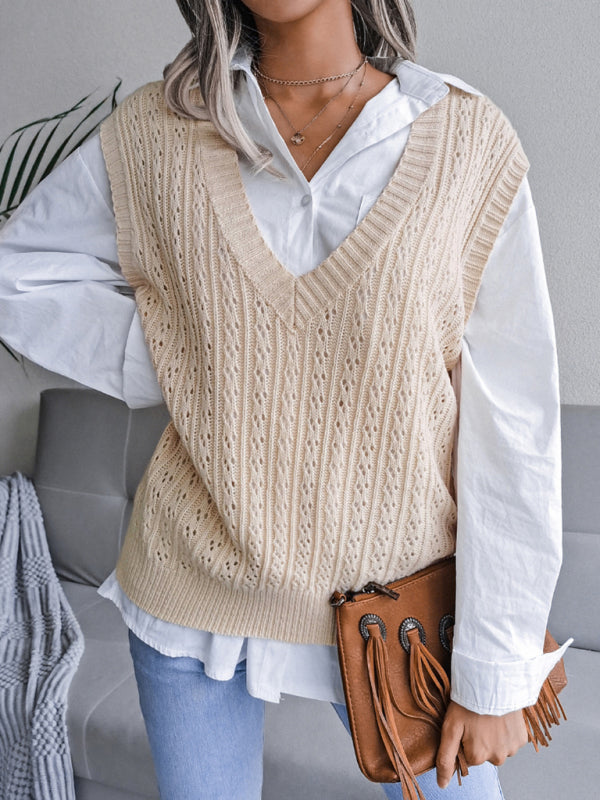 Women's V-neck hollow out fried dough twist casual knitting vest sweater