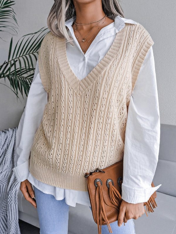 Women's V-neck hollow out fried dough twist casual knitting vest sweater