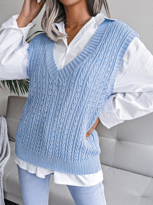 Women's V-neck hollow out fried dough twist casual knitting vest sweater