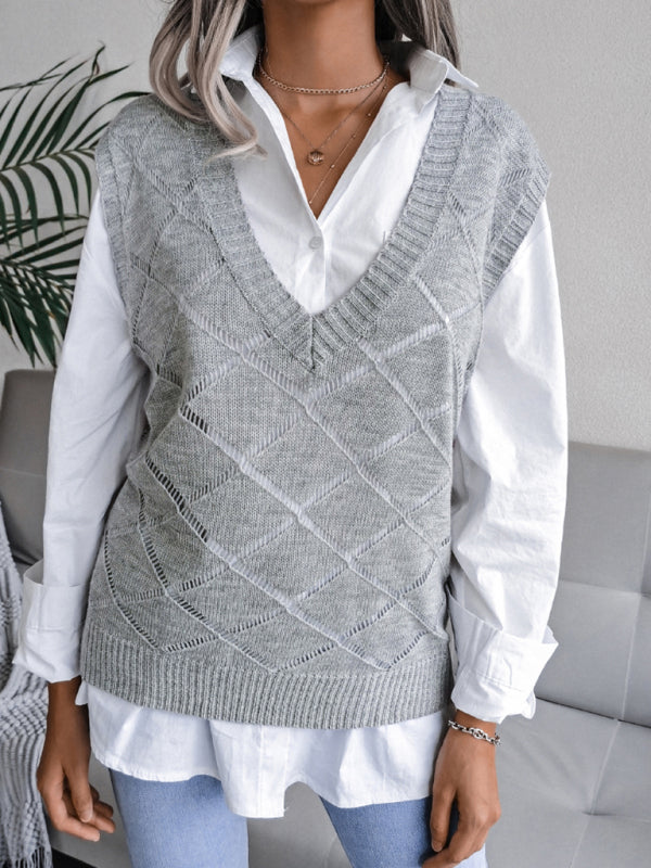 Women's V-neck hollow diamond casual knitting vest sweater