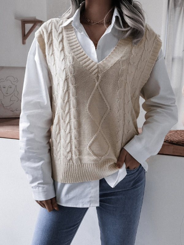 Women's V-neck fried dough twist casual loose knit vest sweater