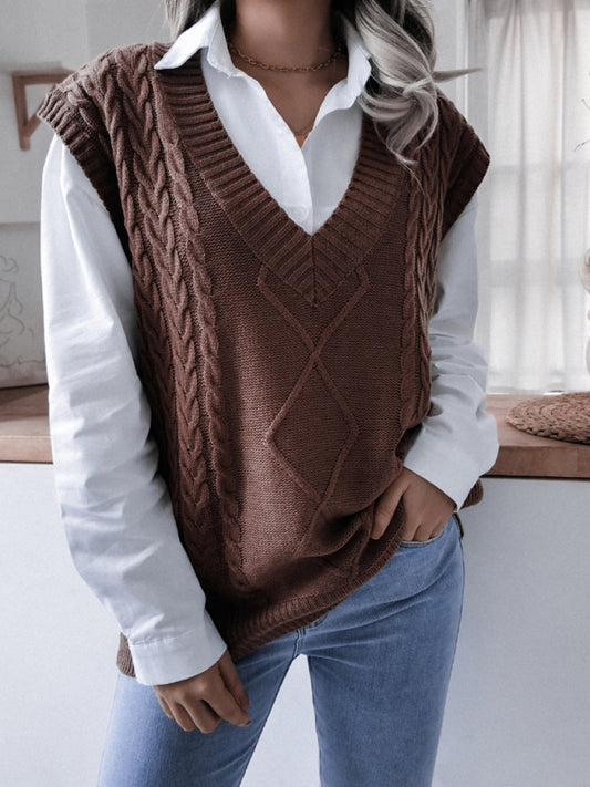 Women's V-neck fried dough twist casual loose knit vest sweater