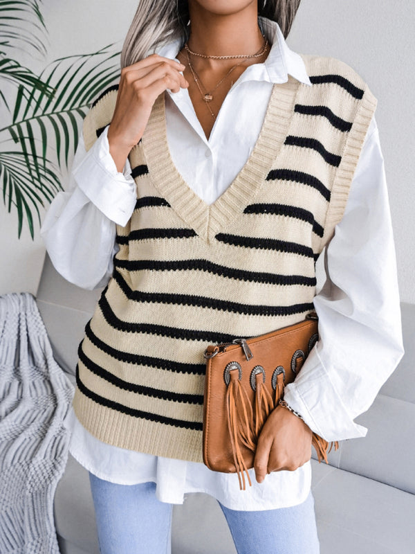 Women's V-neck stripe casual knitting vest sweater