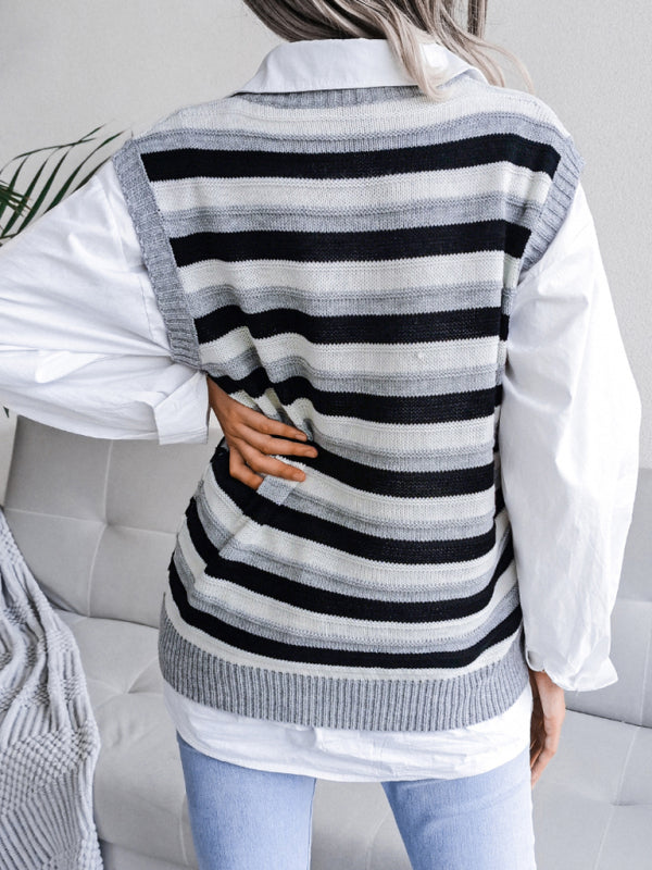 Women's V-neck hollow stripe vest sweater