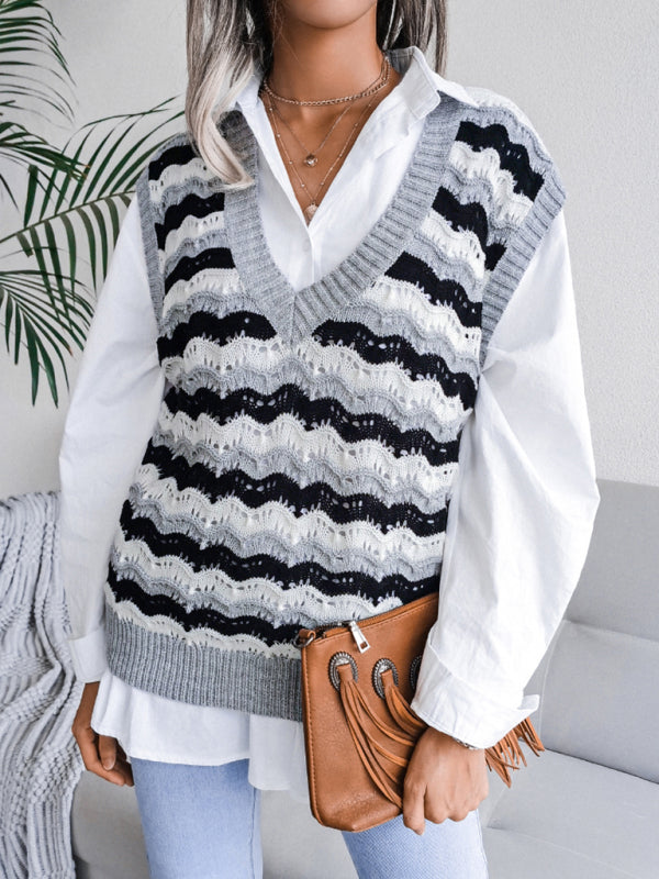 Women's V-neck hollow stripe vest sweater