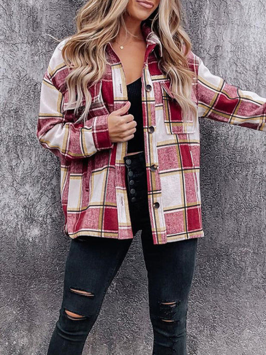 Plaid Knit Jacket with Lapel Collar