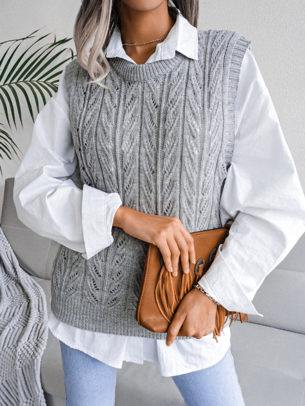 Women's round neck hollow leaf casual knitted vest sweater