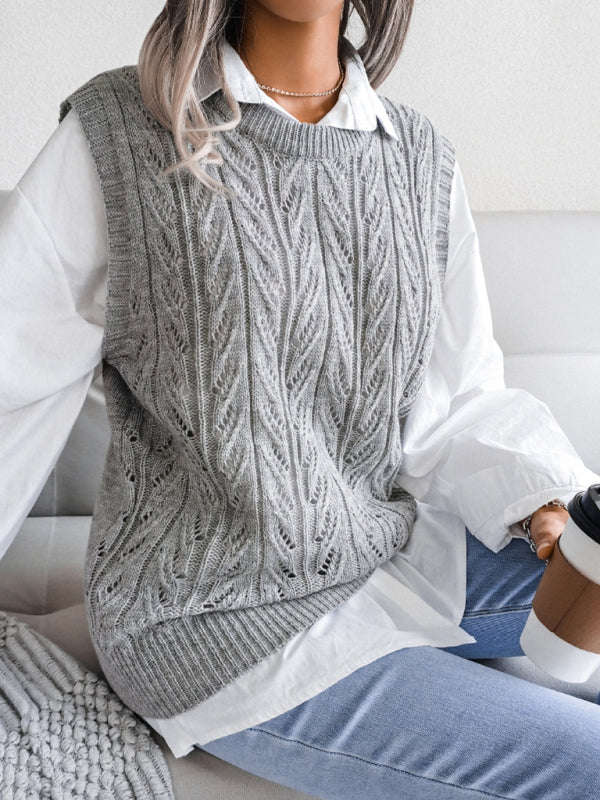 Women's round neck hollow leaf casual knitted vest sweater