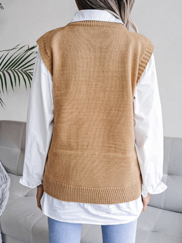 Women's round neck hollow leaf casual knitted vest sweater