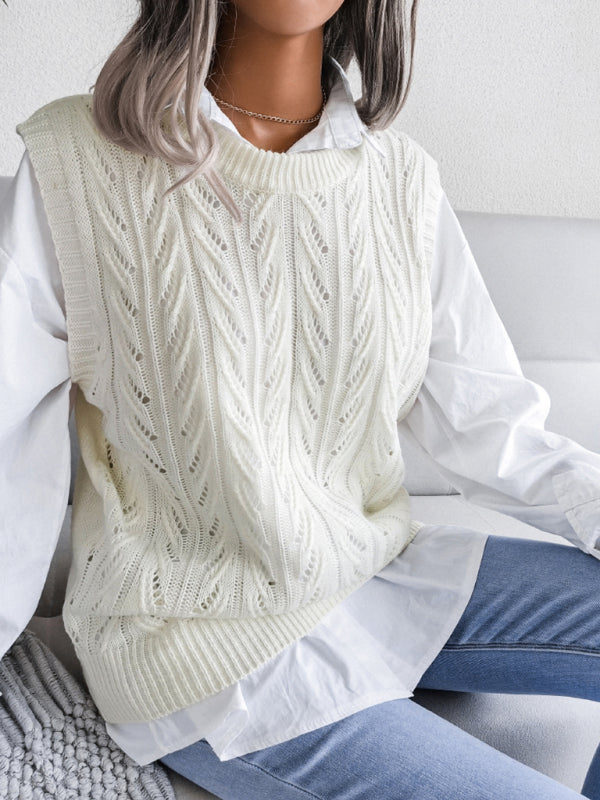 Women's round neck hollow leaf casual knitted vest sweater