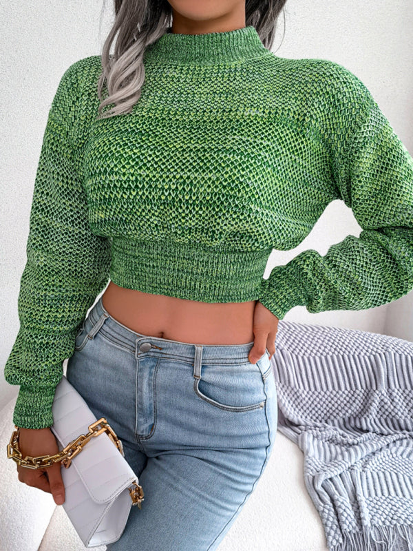 Women's fashion color long sleeve open navel knitted sweater