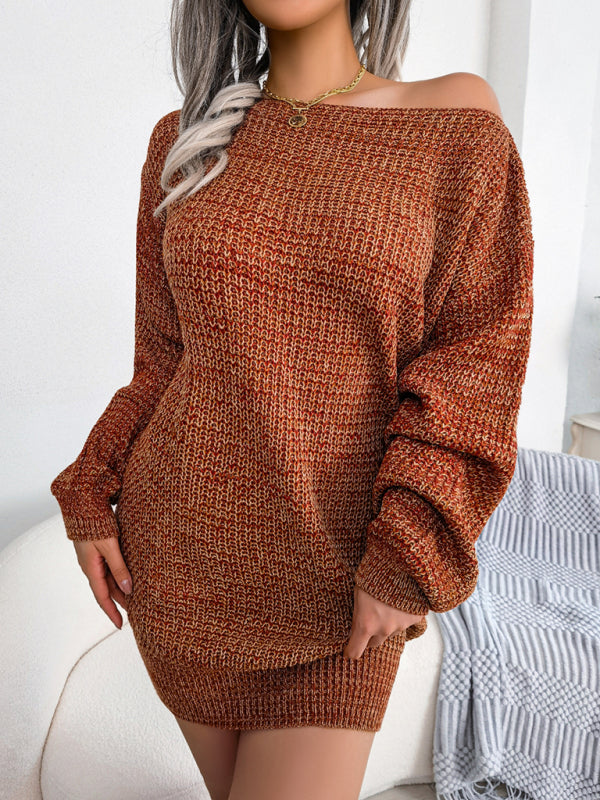 Women's straight neck off shoulder colorful lantern sleeve knitted wool dress