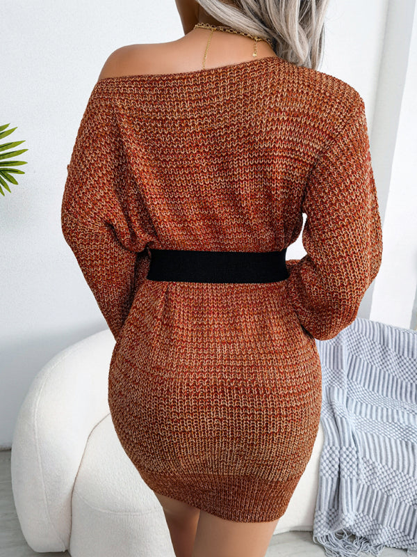 Women's straight neck off shoulder colorful lantern sleeve knitted wool dress