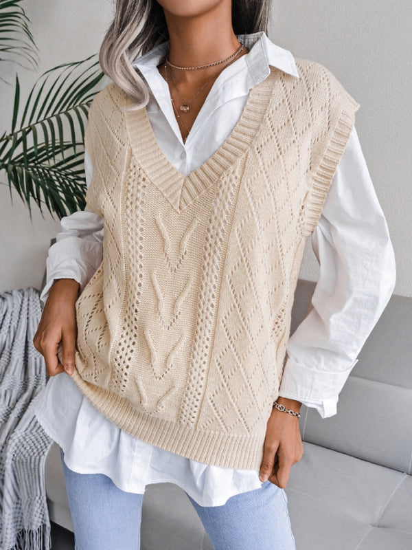 Women's hollow out fried dough twist V-neck knitted vest sweater