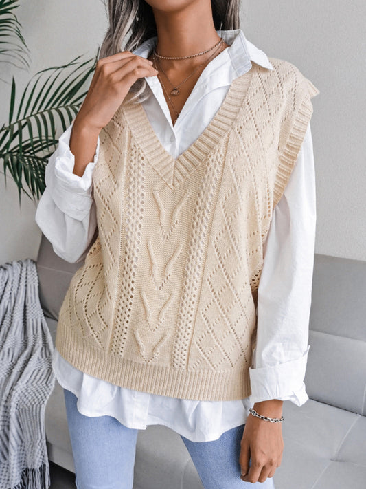 Women's hollow out fried dough twist V-neck knitted vest sweater