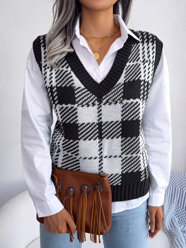 Women's casual contrast color Plaid knitted vest Sweater Vest