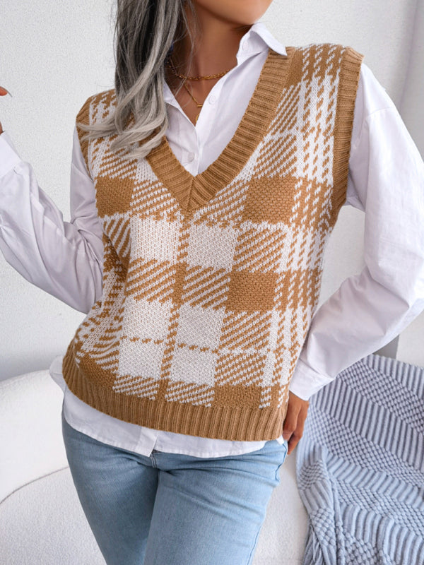 Women's casual contrast color Plaid knitted vest Sweater Vest