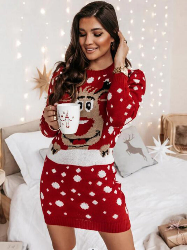 Women's Christmas Elk Jacquard Sweater Long Sleeve Dress