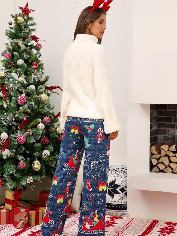 Women's Christmas Print Panel Casual Wide Leg Pants