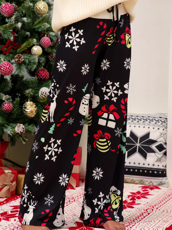 Women's Christmas Print Panel Casual Wide Leg Pants