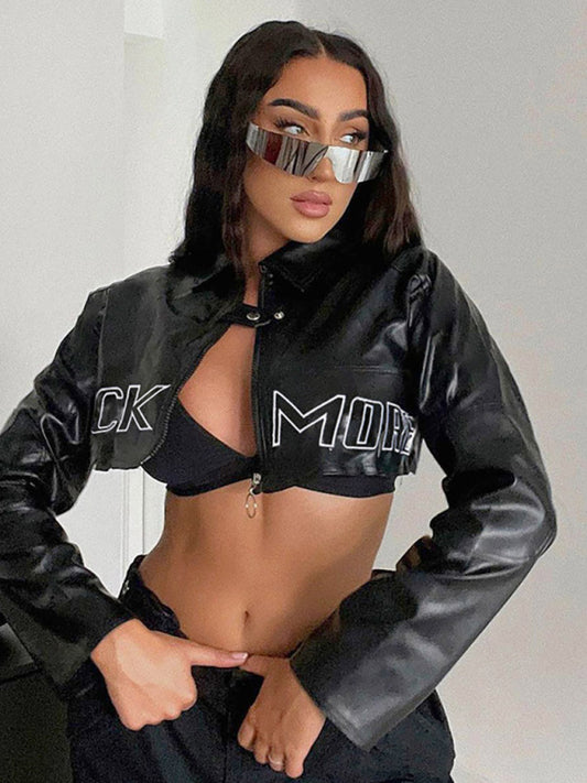 Women's fashion biker letters embroidered PU leather short jacket jacket