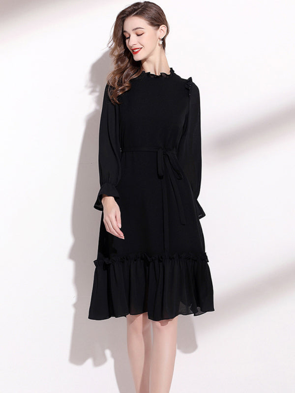 Women's Long Sleeve Fungus Belted Dress