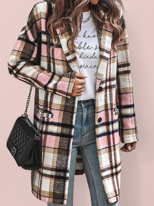 Autumn and winter new women's lapel pocket plaid wool coat