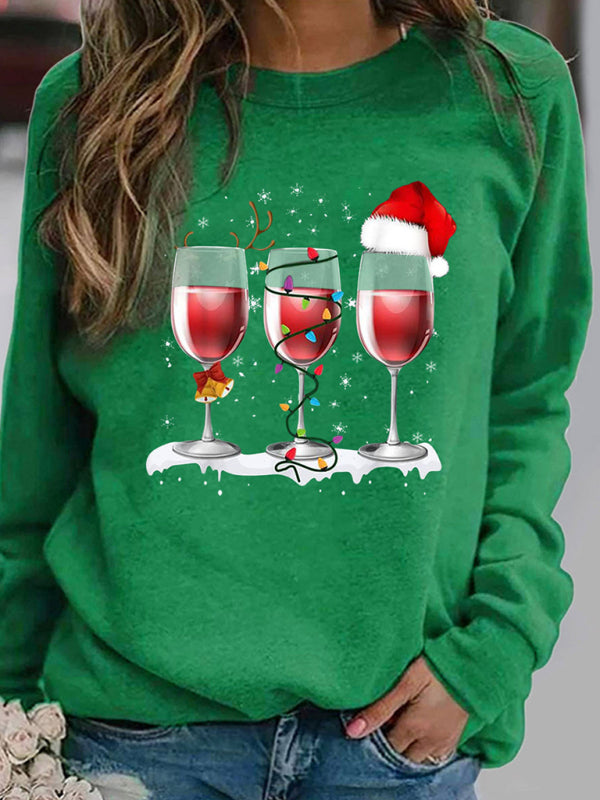 Christmas red wine cup printed long sleeved round neck hoodless sweater women