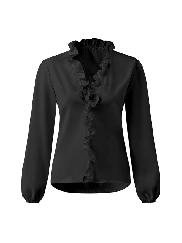 Spring and summer European and American new long-sleeved ruffled shirt women's shirt