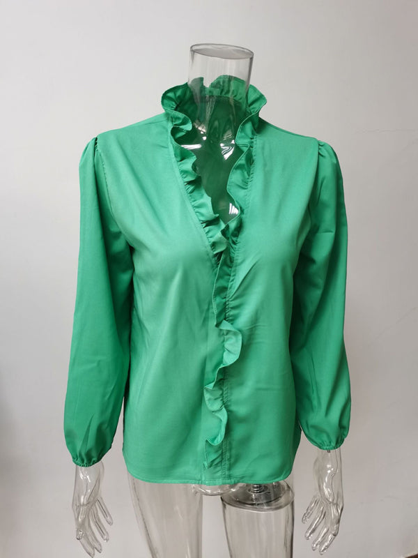 Spring and summer European and American new long-sleeved ruffled shirt women's shirt