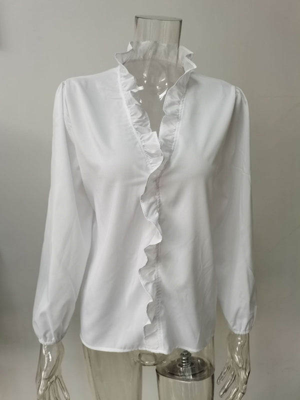 Spring and summer European and American new long-sleeved ruffled shirt women's shirt