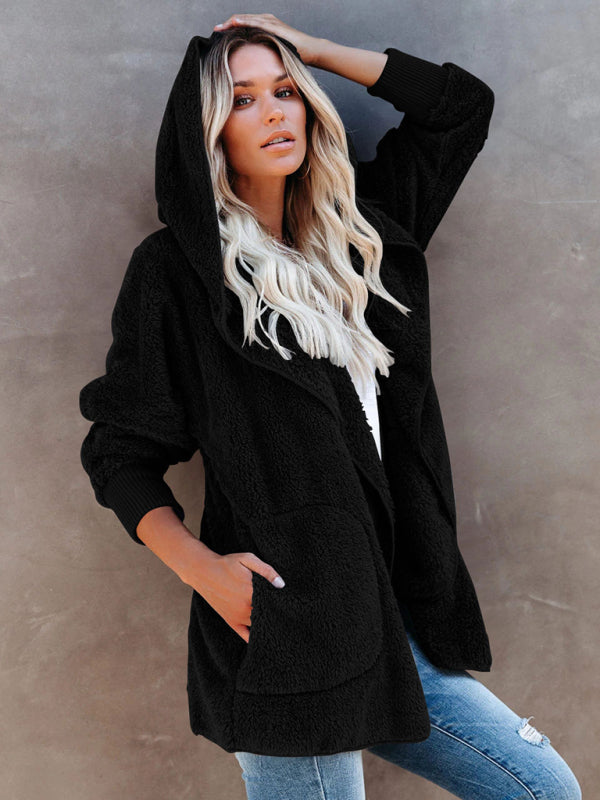 Women's Long Sleeve Jacket Casual Hooded Solid Color Cardigan Plush Women
